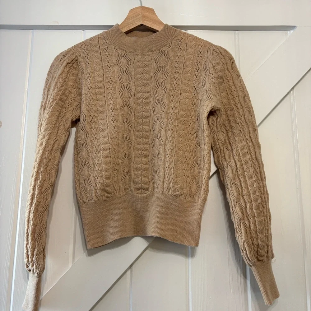 DemyLee X J. Crew Camel Cable Knit Wool Sweater Puff Sleeve Pullover XXS